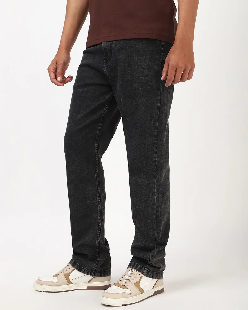 bewakoof Men's Dark Grey Slim Straight Fit Washed Stretchable Jeans